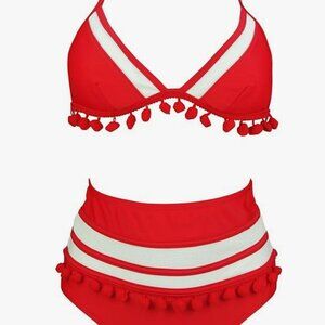 Red High-Waisted Mesh Pom Pom Bikini - Size Small